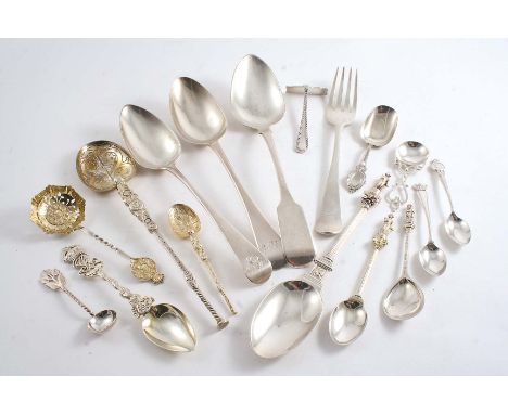 A MIXED LOT INCLUDING:- A late Victorian copy of the Royal annointing spoon, three antique table spoons, a table fork, two ca