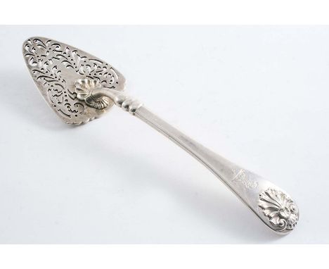 BY PAUL STORR:- A William IV butter spade with a pierced, triform blade and Old English pattern stem with a husk terminal, cr