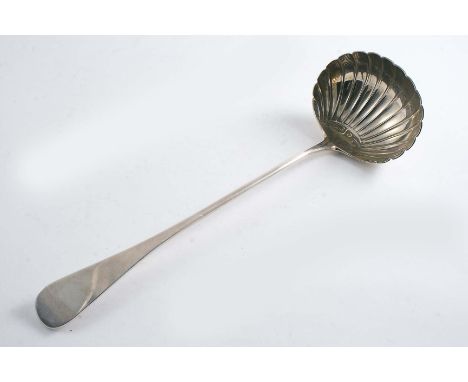 A GEORGE III OLD ENGLISH PATTERN SOUP LADLE with a fluted bowl, by William Eaton, London 1806;  13.5"  (34.2 cms) long;  7 oz