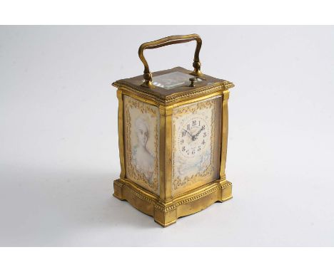 A 19TH CENTURY CONTINENTAL GLASS PANELLED & QUARTER-REPEATING CARRIAGE CLOCK with a painted ivory dial and inset each side wi