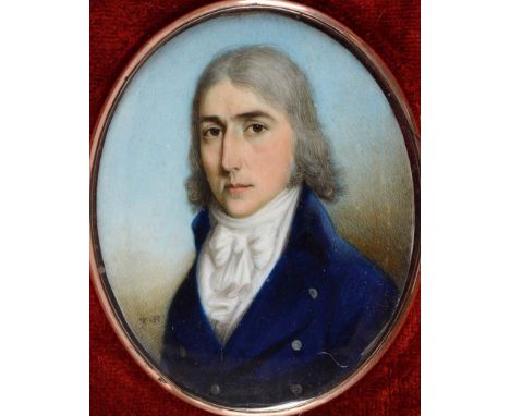 THOMAS HAZLEHURST (c.1740-c.1821)  Portrait of a young gentleman wearing blue jacket, half length on ivory, signed with initi