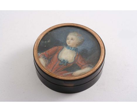 A LATE 18TH CENTURY GOLD-MOUNTED TORTOISESHELL SNUFF BOX plain circular, the cover inset with the miniature portrait of a you