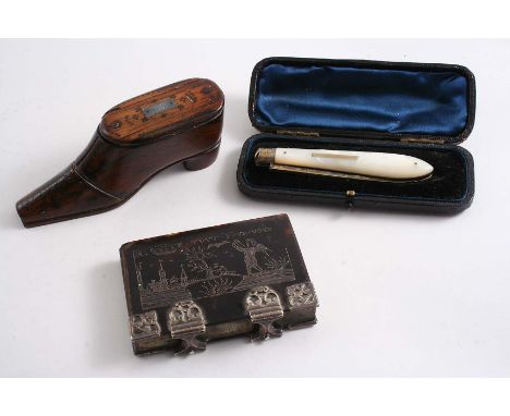 A MIXED LOT:- An early 18th century mounted tortoiseshell snuff box with an inlaid pique-work scene on the cover entitled "IE
