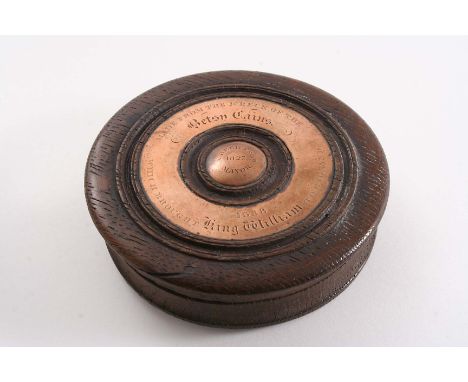 MARITIME INTEREST:- A 19th century circular turned oak snuff box & cover, inset with copper & inscribed "Made from the wreck 