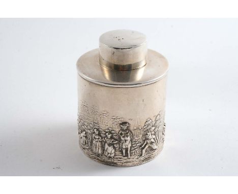 AN EDWARDIAN CYLINDRICAL TEA CADDY with a pull-off cap and embossed decoration around the lower body, by G. Nathan & R. Hayes
