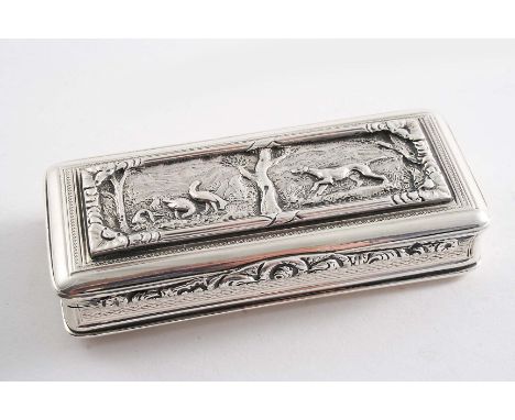 A GEORGE IV RECTANGULAR SNUFF BOX with engine-turned sides & base, the cover with an applied panel chased with a hunting dog 