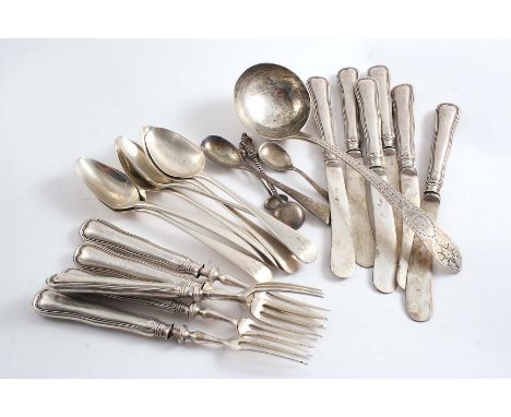 A MIXED LOT:- A George III Irish sauce ladle, Bright-cut & Star pattern, crested, by M. Keating, Dublin 1794, a set of six Ge