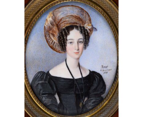 ....FINOT  Portrait of a lady wearing black dress and a turban, half length, on ivory; 8.5 x 7 cms, in wood frame  *Signed an