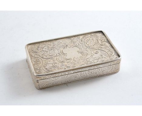 AN EARLY VICTORIAN SCOTTISH SNUFF BOX rectangular, with engraved scrollwork, game birds, a dog, a fox and a stag on the base,