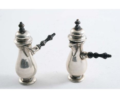 A PAIR OF MID 20TH CENTURY PORTUGUESE MINIATURE OR TOY CAFE AU LAIT POTS with turned wooden handles & finials, Oporto post 19