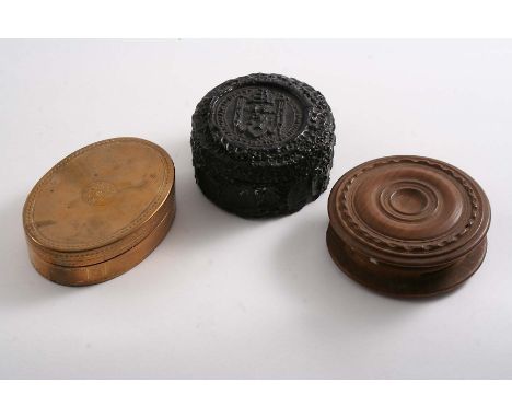 A LATE 18TH CENTURY OVAL COPPER SNUFF BOX, a turned wooden box containing a wax seal and a wooden box covered in black sealin