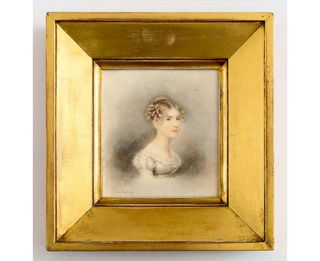 ADAM BUCK  Portrait of a young lady wearing white dress with lace trimming, bust length signed & dated 1820, pencil & waterco