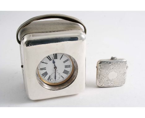 A LATE VICTORIAN / EDWARDIAN MOUNTED LEATHER WATCH STAND marks worn, London 1901, fitted with a nickel-plated eight day "Goli
