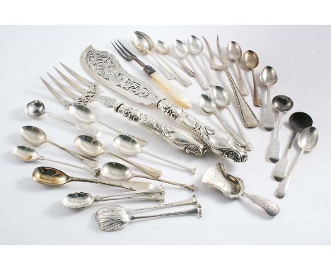 MISCELLANEOUS FLATWARE & CUTLERY:- A pair of Victorian fish servers (loaded), a Dutch caddy spoon, two forks (one Dutch), fou