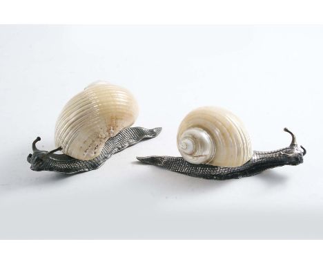 TWO EARLY 20TH CENTURY CONTINENTAL PLATED MODELS OF SNAILS with mother of pearl shells on their backs;  approx. 4.3"  (11 cms