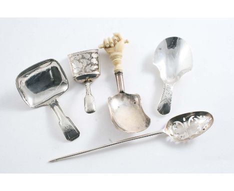 THREE VARIOUS GEORGE III / IV CADDY SPOONS (one initialled), a Victorian example with a later ivory handle and a George III m