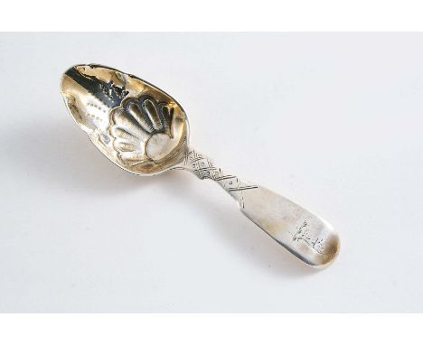 A GEORGE III FIDDLE PATTERN CADDY SPOON with chased decoration, crested, by Peter & William Bateman, London 1806;  4"  (10 cm