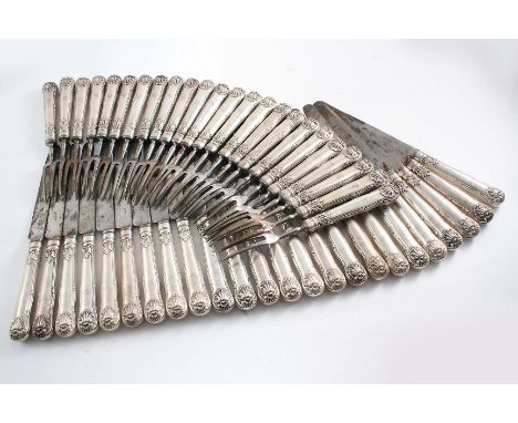 BY PAUL STORR:- A scarce set of twenty four George III table knives and twenty four table forks, King's Husk pattern with eng