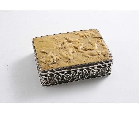 AN EARLY VICTORIAN RECTANGULAR SNUFF BOX  the cover inset with a carved ivory panel, the sides & base with flowers, fruit & s