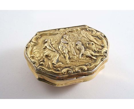 A GEORGE II SILVERGILT SNUFF BOX of cartouche form, the cover inset with a chased plaque decorated with classical figures in 