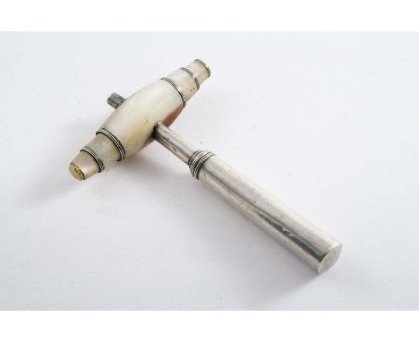 A GEORGE III POCKET CORKSCREW with a steel worm, a mounted mother of pearl handle and a tapering, screw cover, unmarked c.180