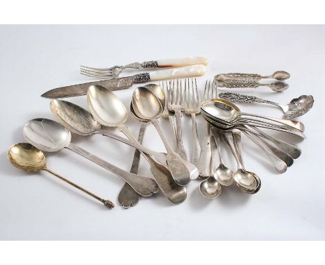 A MIXED LOT:- A set of eight tea spoons, a set of six coffee spoons, four dessert forks, a dessert spoon, a mother of pearl-h