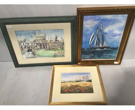 A watercolour study of a two-masted sailing ship in full sail, indistinctly signed and dated 2000, 43 x 32cm, together with a