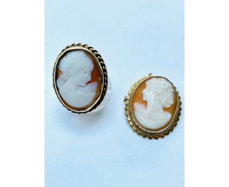A 9ct yellow gold cameo brooch with 9ct gold safety chain, weighing 5.0 grams, measuring 2.5 x 2.0cm. Together with a 9ct gol