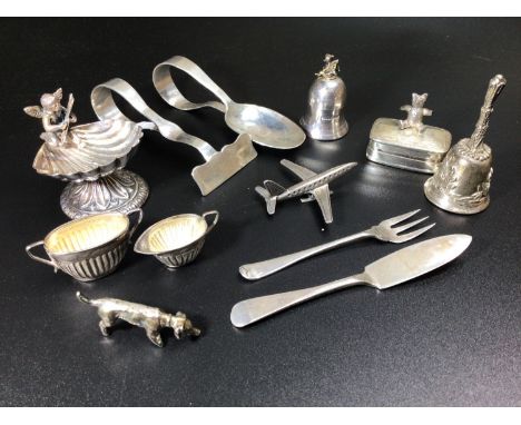 A quantity of small silver and white metal items including a silver spoon &amp; pusher, silver tooth keepsake in the form of 