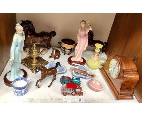 SECTION 10.  Four various Beswick horses (two af), together with a brass inkwell, two heart shaped blue Wedgwood Jasperware p