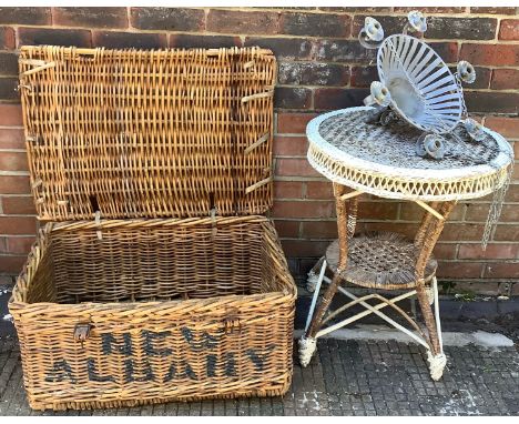 A Wicker food hamper basket with original leather straps, New Albany painted on the front together with a small wicker bistro