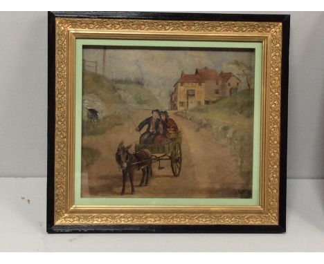 19th Century Naive School.  Figures in a donkey cart on the old London Road to Portsmouth, near Widley, with the The George p