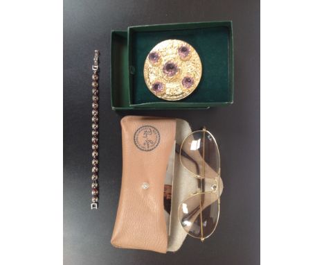 A pair of vintage Ray-Bans together with a Scottish brooch and a silver bracelet stamped 925 inlaid with red stones and simul