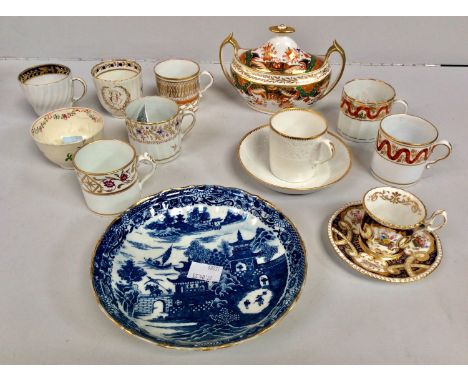 An early 19th century Spode 'Japan' pattern oval sucrier (restored),  and cover, two Spode coffee cans and gilt white coffee 