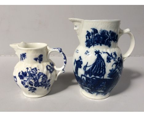 A first period Worcester porcelain small leaf-moulded mask jug with printed floral decoration, Crescent mark, 10cm, together 