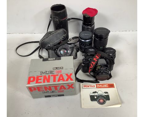 Two Pentax ME Super cameras, one with original box and manual and one fitted with a Pentax 50mm F1.7 lens, together with othe