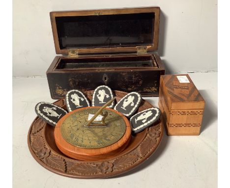 Various collectables including a brass sundial, marquetry veneered playing card box, oriental lacquer box, carved wooden dish