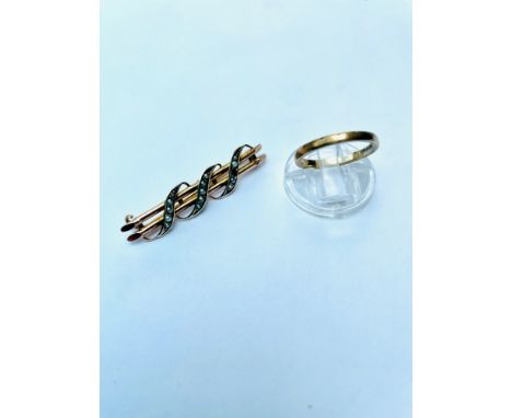 A 9ct yellow gold double bar brooch set with seed pearls (one missing) weighing 2.0 grams. Together with a 9ct gold wedding r