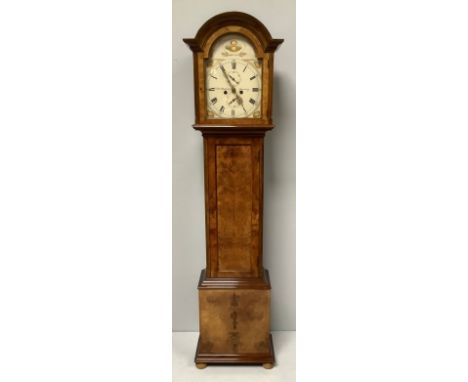 A 19th century eight-day longcase clock by V. De Moulpied of Guernsey, the painted square and arched dial with haystack to th