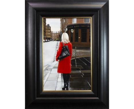 GERARD BURNS,RED COAT IN THE CITYoil on canvas, signed60cm x 40cmFramed.Please see biographical text with lot 40.