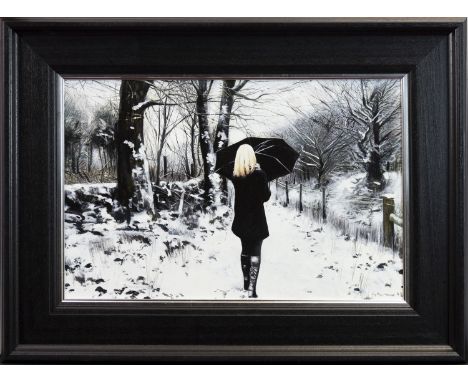 GERARD BURNS,BLACK COAT ON A WINTER WALKoil on canvas, signed40cm x 60cmFramed.Please see biographical text with lot 40.