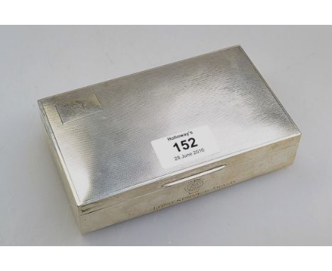 Poston Products Ltd.,  a silver rectangular cigarette box, engine turned hinged lid an A A Long Service Award engraved to fro