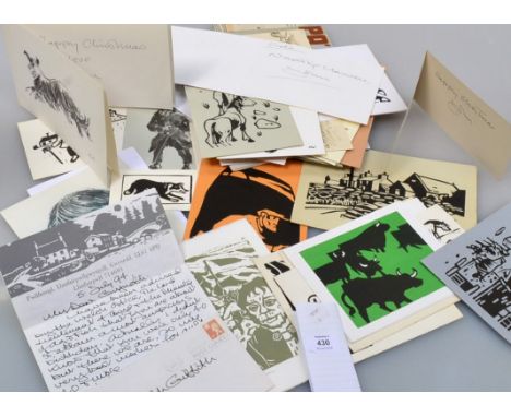 After Kyffin Williams, a pencil initialled and titled lino-cut, Pryderi a'r Moch, a Christmas card inscribed and signed John,