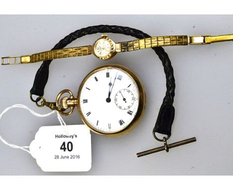 A gentleman's 9ct gold open faced pocket watch, white enamel dial, Roman numerals and subsidiary seconds at six o'clock, meta