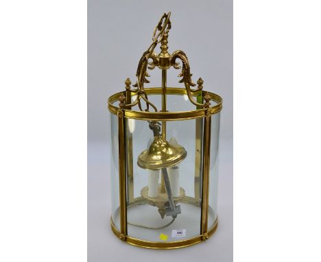 A late George II style four light gilt brass and glass panel cylindrical electrolier, 100 x 30cm diameter