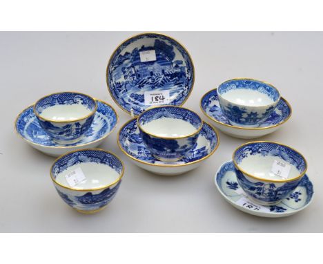 Three late 18th/early 19th century New Hall tea bowls and saucers, printed in the 'Trench Mortar' pattern, together with one 