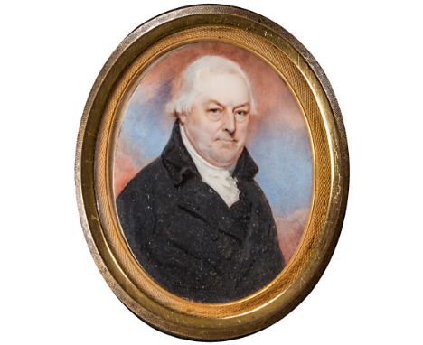 Early 19th century British school, half length portrait of a gentleman with white combed hair, cravat and black coat against 