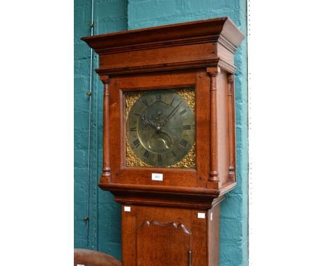 A late 18th century oak longcase clock, the brass dial bearing the legend 'Kent Saffron Walden' the birdcage 30-hour movement