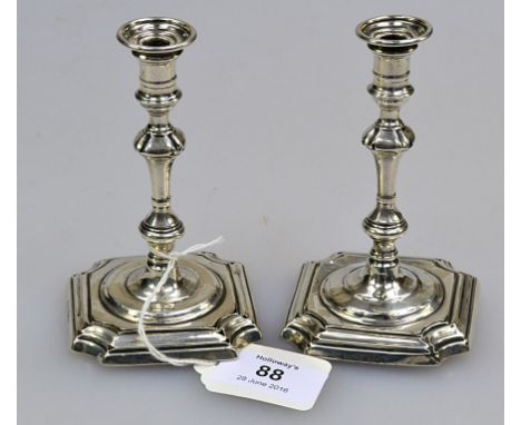 Isaac Millar Wilkinson, a pair of dwarf candlesticks of 18th century design, London 1894, 11.5cm