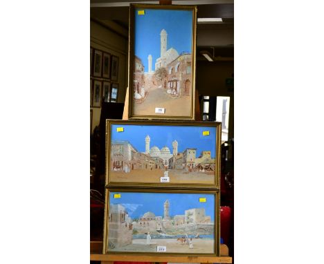 R. Walker (20th century, British) Figures before a desert town gouache, signed together with another pair by the same hand 44